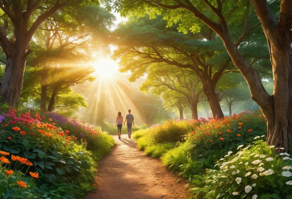 A radiant sunbeam piercing through lush green trees, with a diverse group of people joyfully embracing each other in a serene park. Their smiles represent the essence of happiness, while colorful flowers surround them symbolizing growth and positivity. In the background, a winding path leads to a vibrant sunset, inviting viewers to explore the journey of joy. super-realistic. vibrant colors. serene atmosphere.