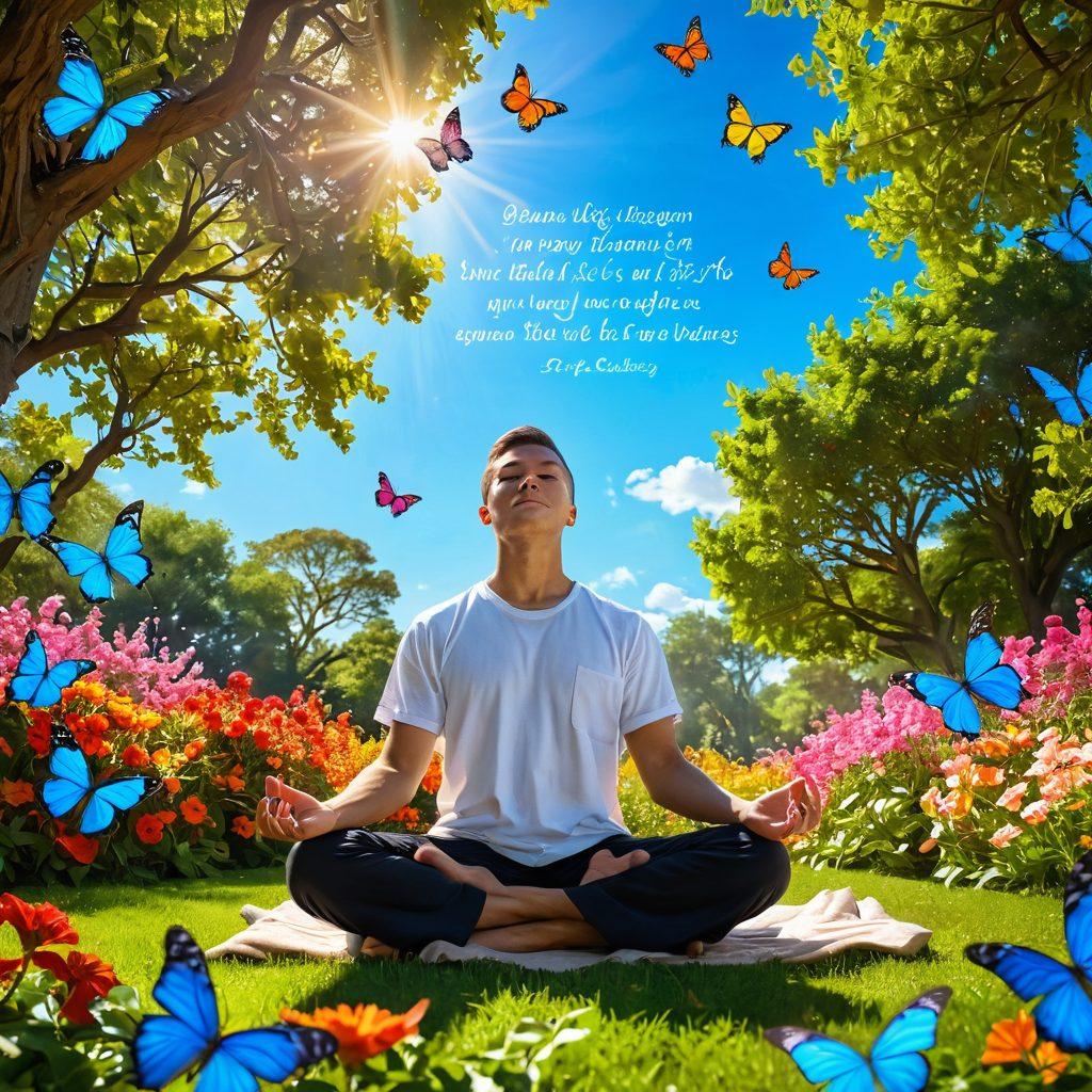 A serene morning scene with a person meditating in a sunlit park, surrounded by vibrant flowers and butterflies, embodying tranquility and joy. Include uplifting quotes in elegant fonts hovering around, and a bright blue sky in the background. super-realistic. vibrant colors. serene ambiance.
