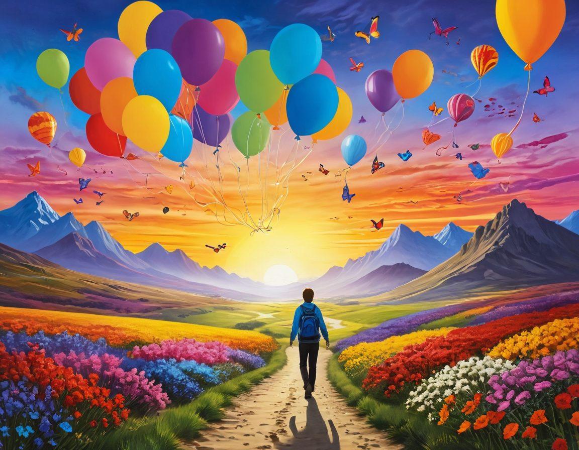 A vibrant scene depicting a person on a journey from a dull, gray landscape to a bright, colorful paradise, symbolizing the transformation from mild happiness to ecstasy. Include elements like blooming flowers, radiant sunlight, and joyful expressions on the person's face. Incorporate symbols of joy such as balloons and butterflies throughout the path, leading to a golden horizon. bright colors. surreal. dynamic composition.